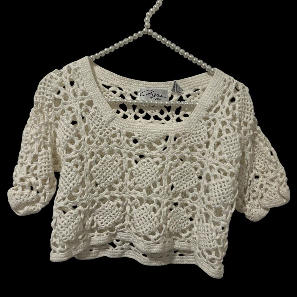 Chazzz by Charles Ghailian Y2k Crochet Top Women Small Ivory Cropped Festival